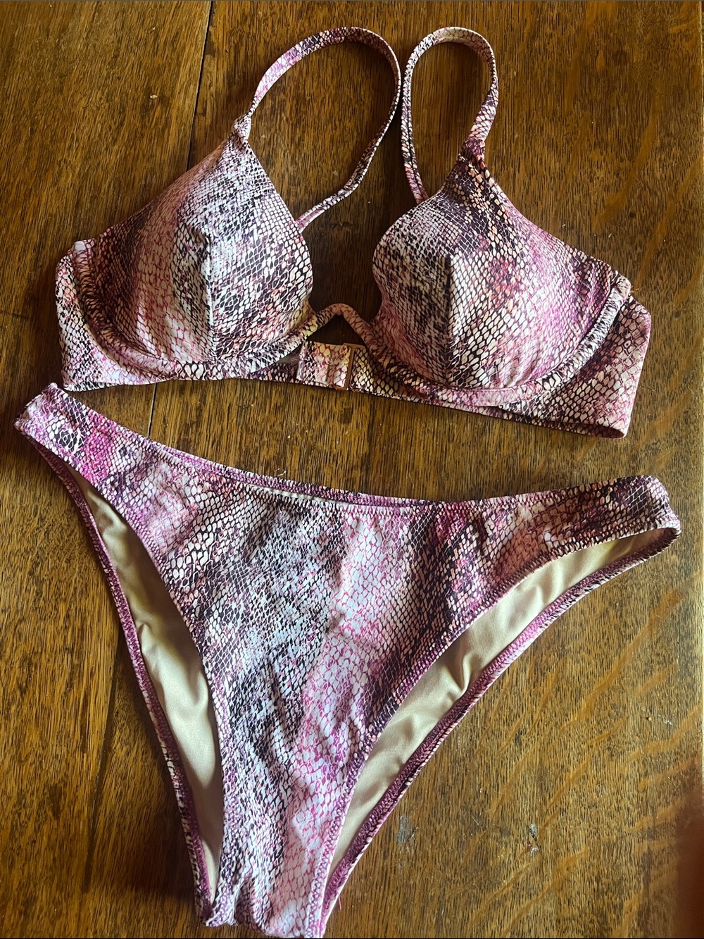 Shade & Shore Pink Snakeskin-Print Bikini Top with Gold Accent
